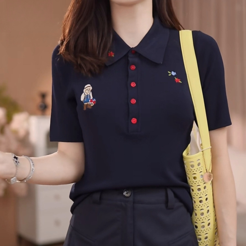 Cartoon Bear Embroidered Lapel Short-Sleeved T-Shirt for Women 2025 Summer New Casual Versatile Slimming Look Polo Shirt Top