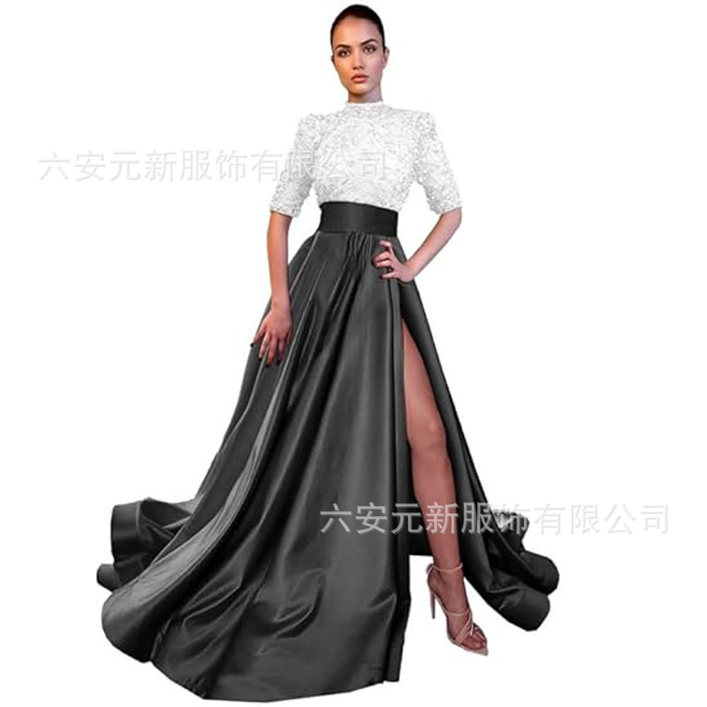Europeo y americano Amazon AliExpress vestido de fiesta media manga lentejuelas satén vestido de noche A-line vestido de fiesta de hendidura image 34