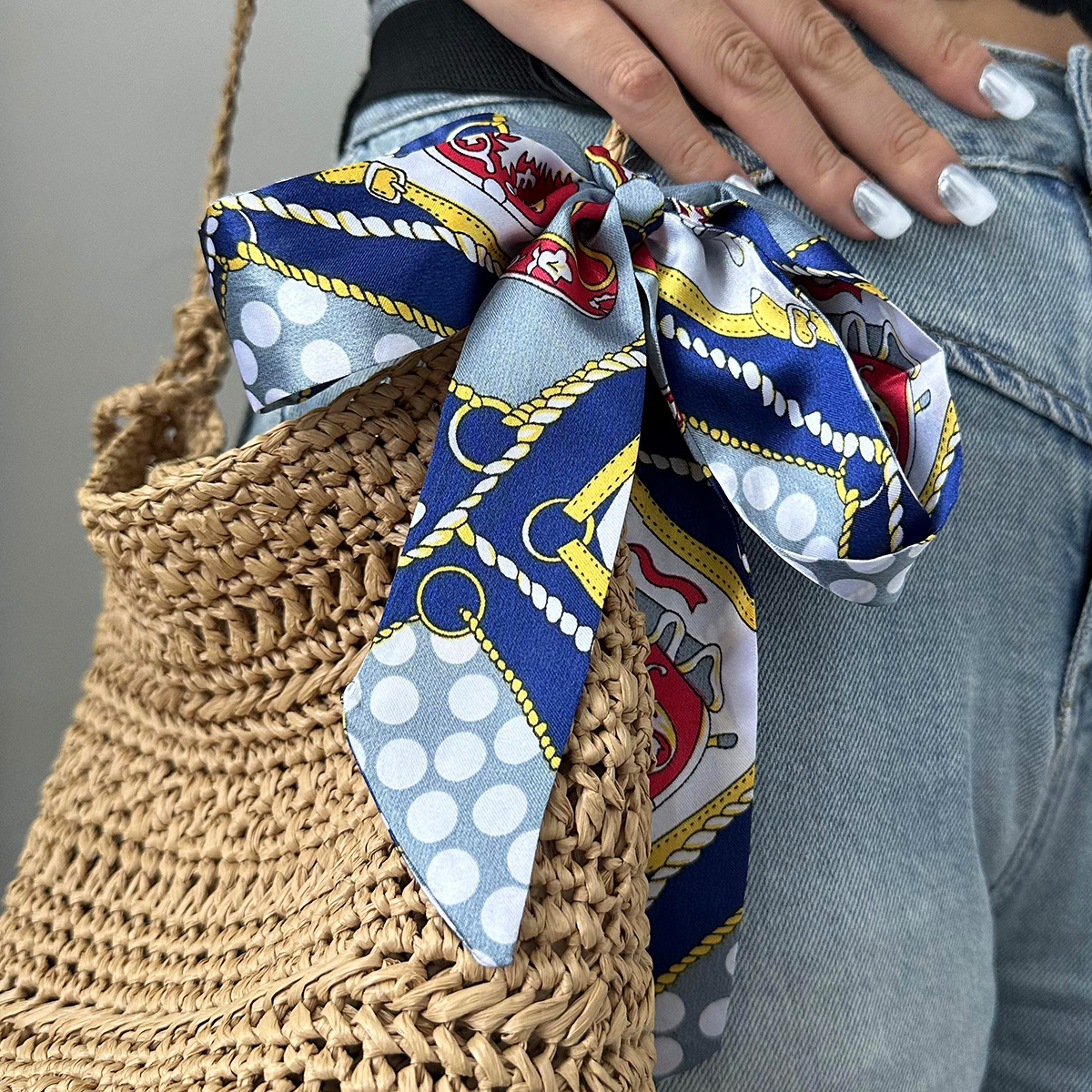 JEDING seda europea y americana poliéster azul y blanco correa de cabello retrógrada francesa cinta impresión de máquina de corazón mujer transfronteriza