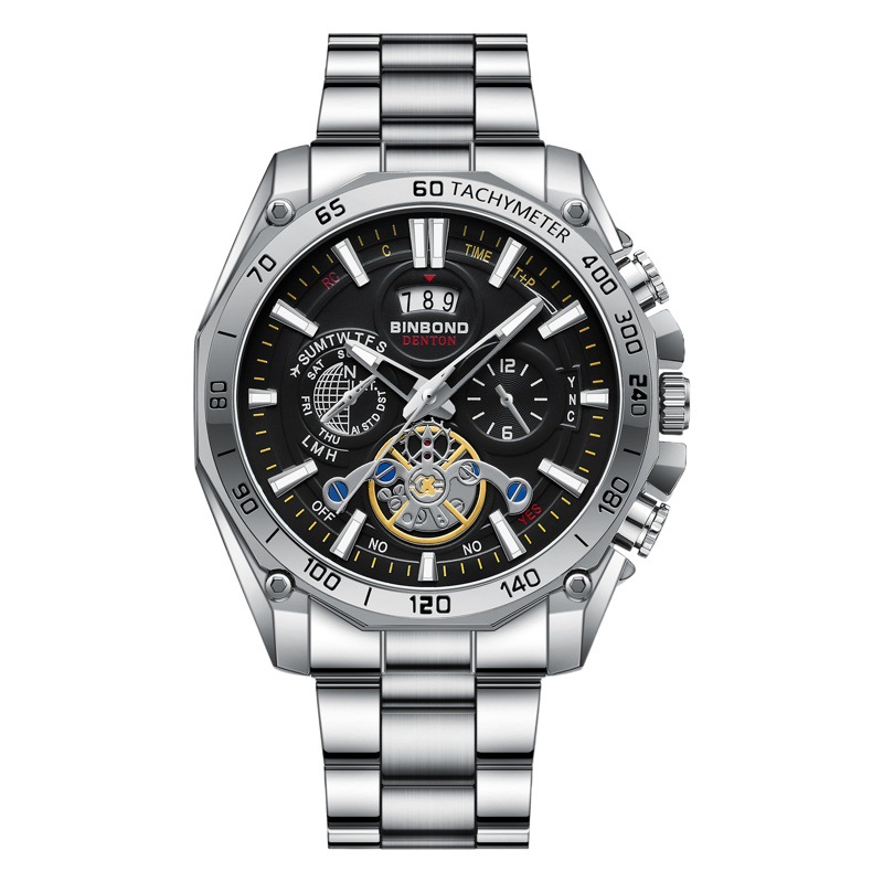 Binbond Luminous Trendyy Student Watch Men's Tourbillon Gift Steel Band Three-Eye Six-Pin Decorative Watch