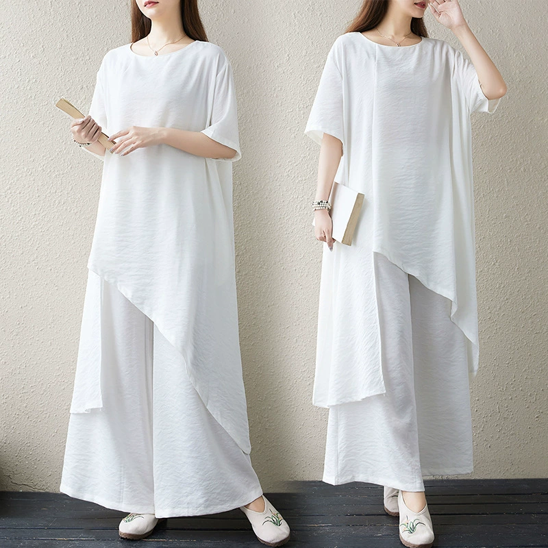 Реальная съемка большого размера индивидуальность нерегулярный набор из хлопка и льна для женщин длинная тонкая белая рубашка с широкими брюками весной и летом