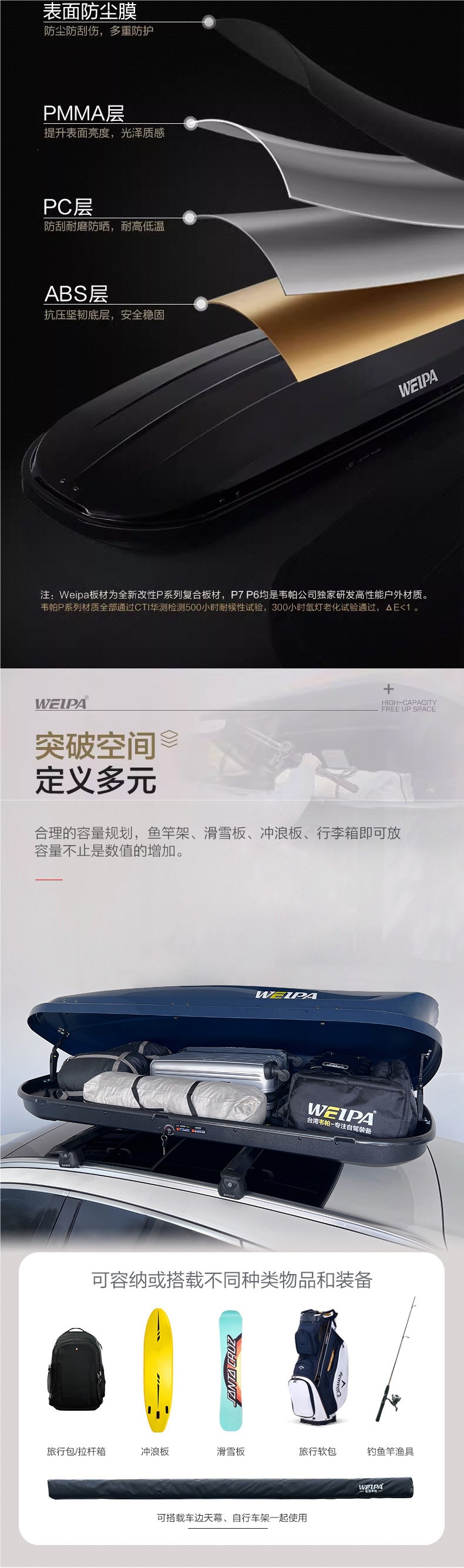 Weipa car roof luggage box for SUV off-road vehicles, ultra-thin, flat, large-capacity, universal luggage rack travel box