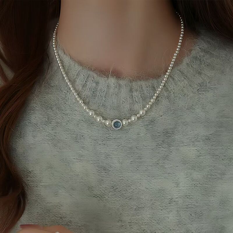 Yinghe ジュエリー天然アクアマリンパールネックレス女性のラウンド完璧なグラデーションキビビーズクラゲシェル鎖骨チェーン|undefined