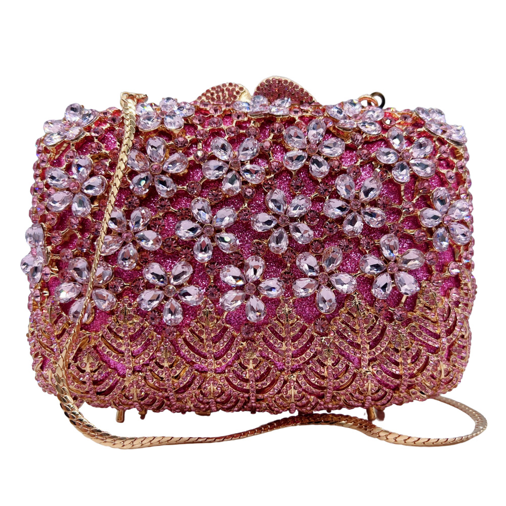 Túi clutch nữ đính kim cương nhân tạo họa tiết hoa tử đinh hương, cầm tay dự tiệc — Màu hồng, Hoa violet, Đế vàng kim cương, Màu bạc