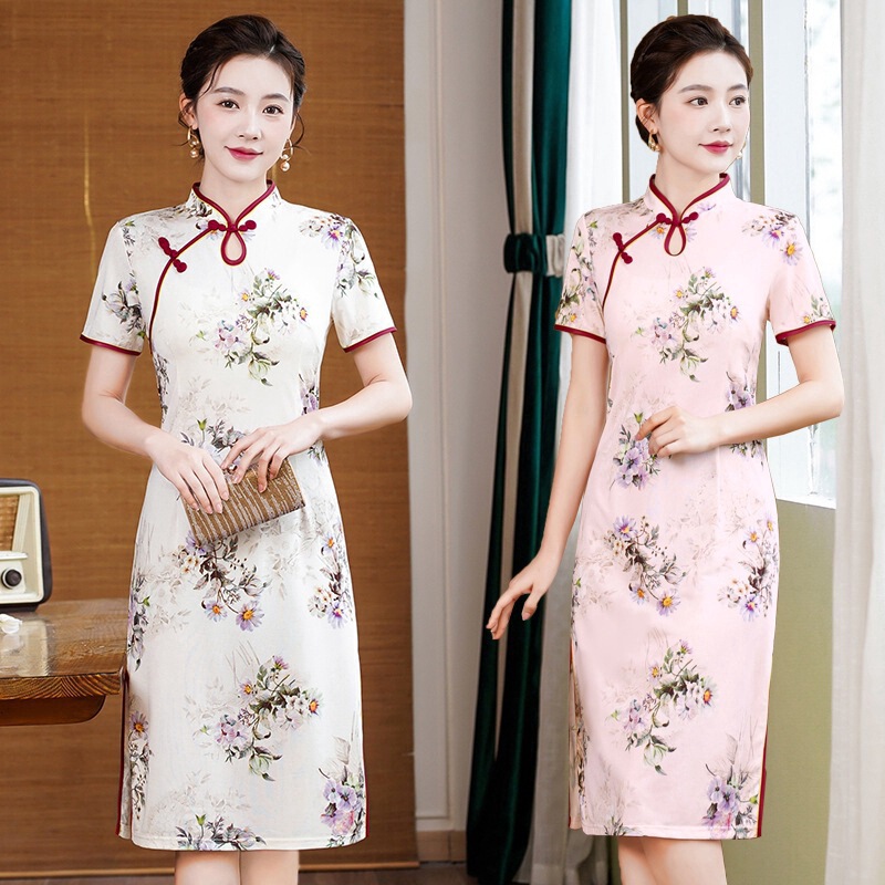 Summer New Cheongsam Skirt Mother's Dress Improved Cheongsam Short-Sleeved Dress Women's Chinese Style Retro Slit Cheongsam Skirt