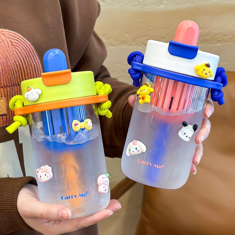 大容量戶外隨手塑料杯便攜女生辦公室茶隔吸管杯學生提繩喝水杯子