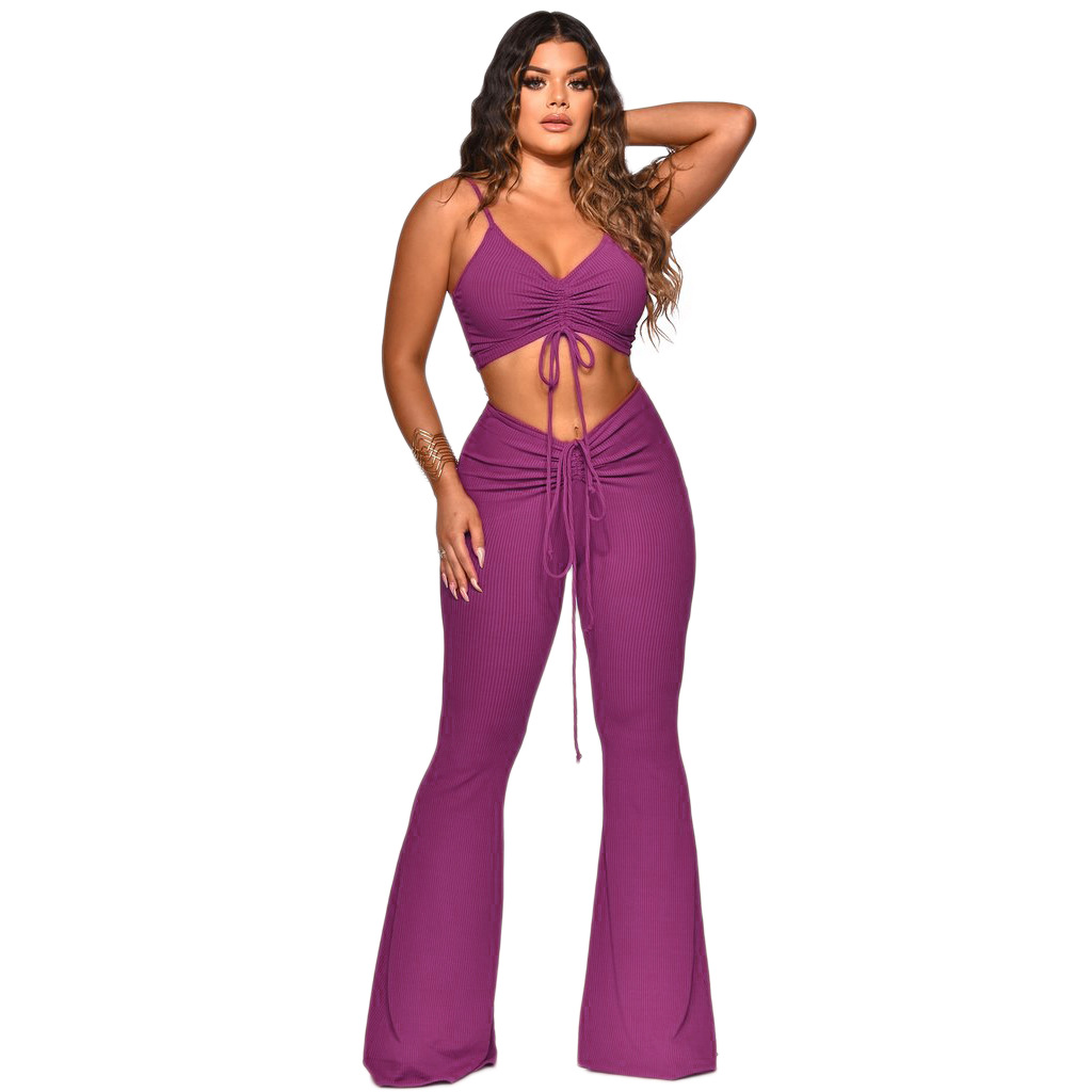 Solid Color Pit Strip Vest and bootcut Pants Two-piece Set NSXLY119217