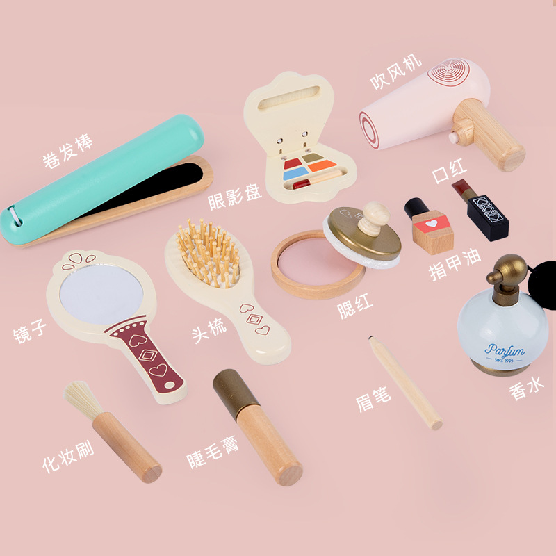 Los niños juegan casa juguetes traje niña simulación cosméticos Regalo de Cumpleaños madera vestidor manicura bolsa cosméticos