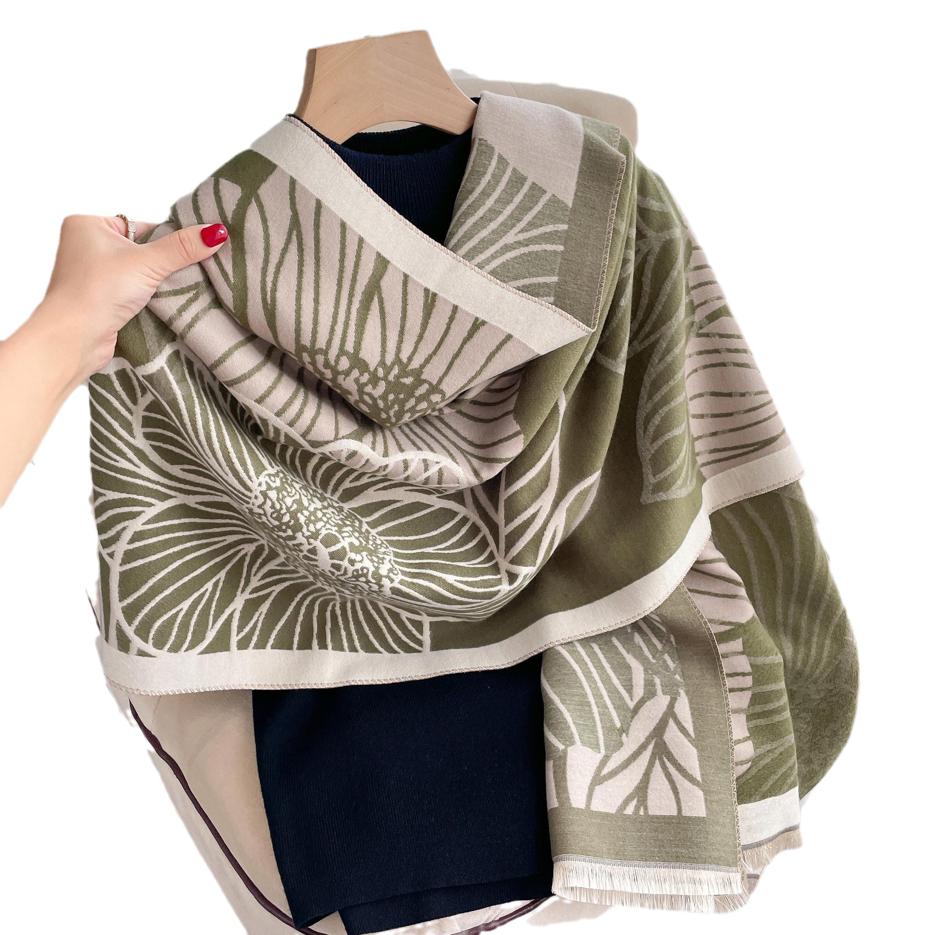 Nuevo otoño e invierno engrosada bufanda caliente vintage color matching hojas floral Cachemira bufanda corta borla chal para mujeres