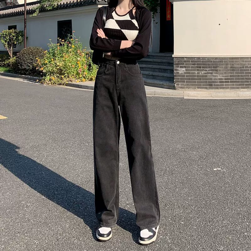 Новые черные серая джинсы весной 2025 года, дети расслаблены и тонки, с высокой талией, вытянутыми широкими брюками