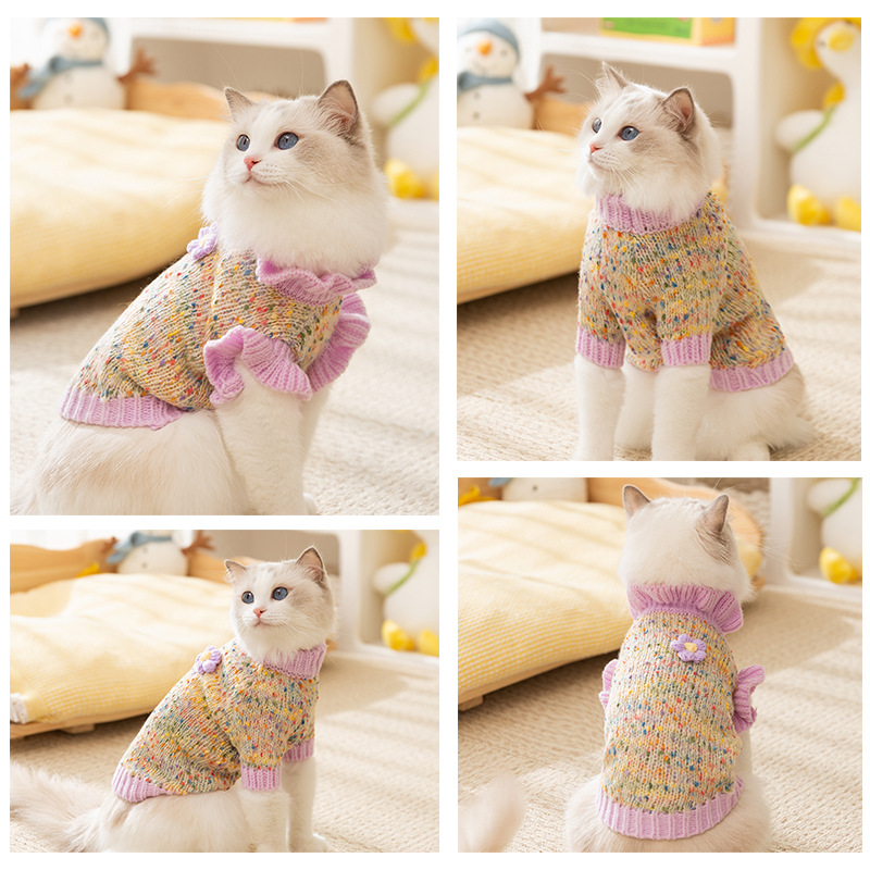 Otoño y invierno gatos puntos de hilo colorido flores pareja suéter perros cálidos camisetas de punto flores Teddy ropa de mascotas