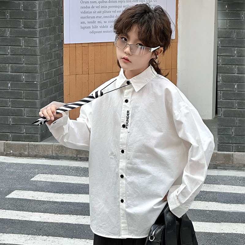 Boys' Autumn Long-Sleeved White Shirt, 2026 New Style, Casual Tie Shirt, Handsome Clothes for Big Boys