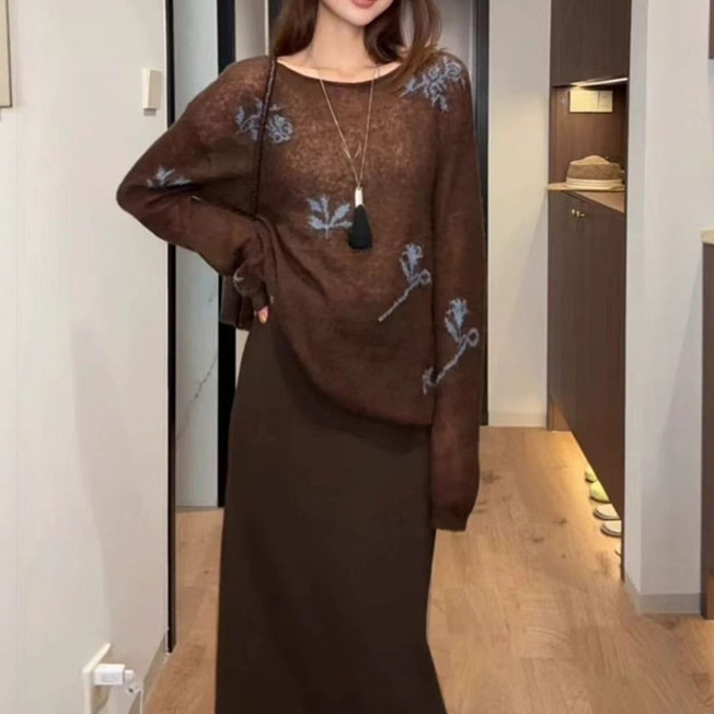 美拉德咖色刺绣针织衫女高级感慵懒chic套头毛衣2025新款上衣早秋|undefined