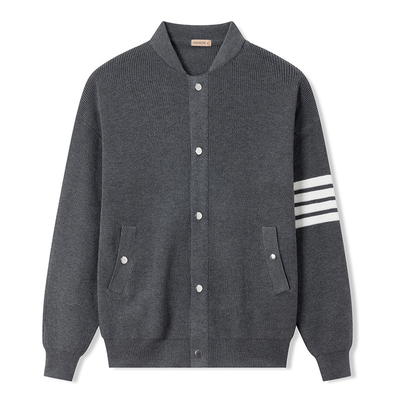 Thombrielle Textured Tb Four-Stripe Cardigan Sweater Coat with a Turn-Down Collar, Slim-Fit Knitwear with Trendy Badge