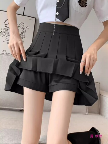 (Lengthened + pants + zipper + buttons) Pleated skirt uniform skirt spring summer short skirt autumn and winter