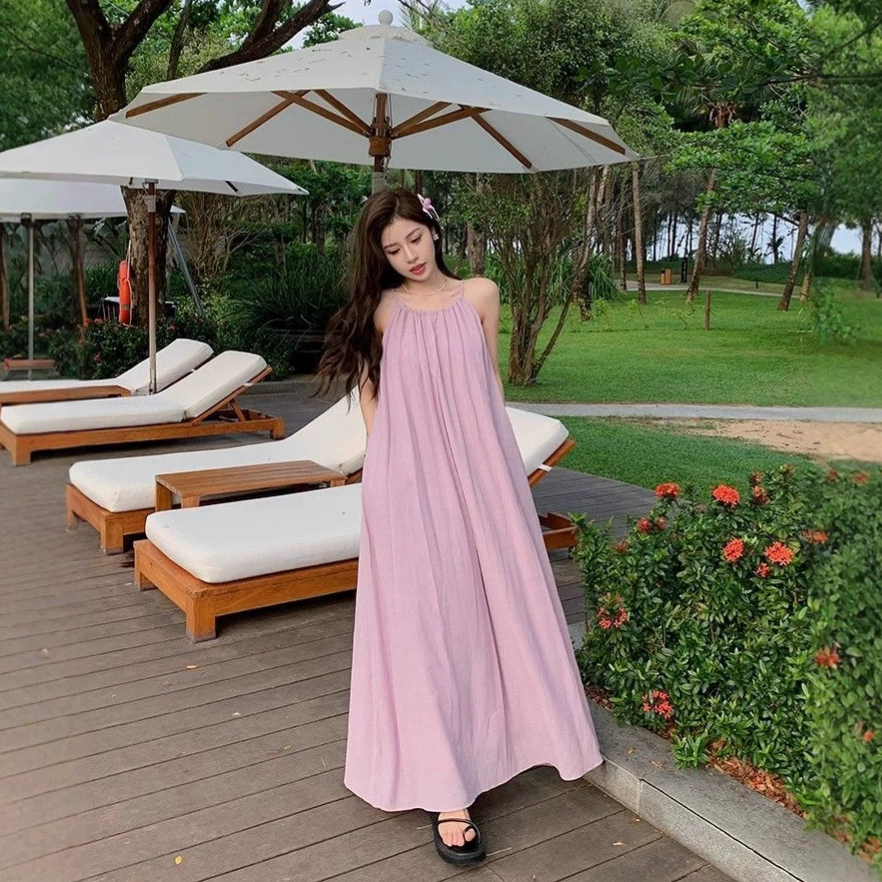 Трансграничная французская первая любовь сладкая нежная шея платье подтяжка женское лето новое свободное длинное платье для отдыха