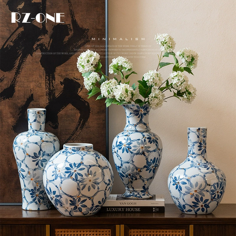Craftsman Thirteen, высококачественная ручная роспись, позолоченная сине-белая керамическая большая ваза, декоративные украшения для гостиной, новые украшения для входа в китайском стиле