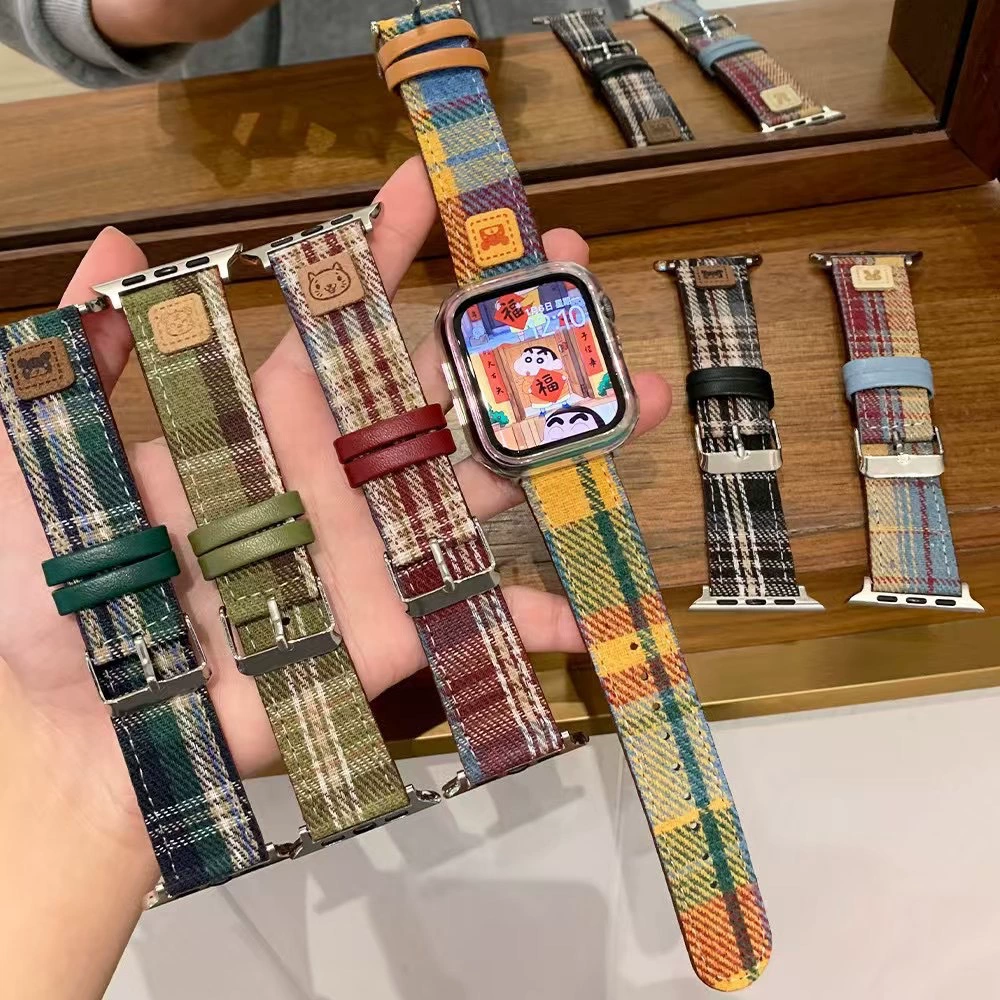 Подходит для Apple Watch S10, ремешок Xiaomi 9 Pro/8, мультяшный шерстяной клетчатый кожаный ремешок