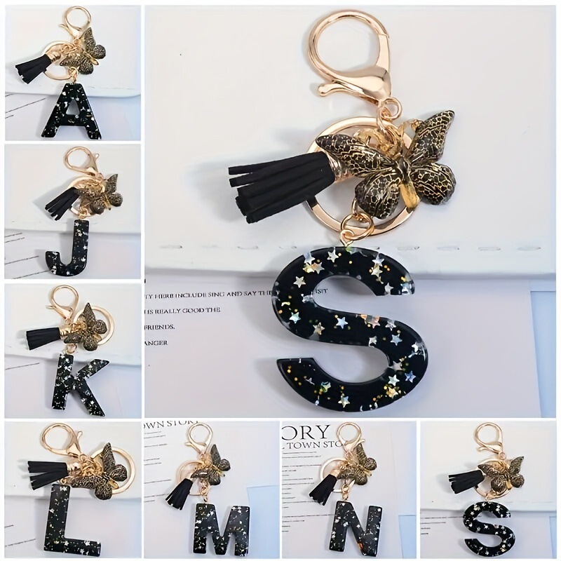Resin Letter Y2K Initial Letter Keychain Cute Cool Star Sequins Resin Keychain Ring Wallet