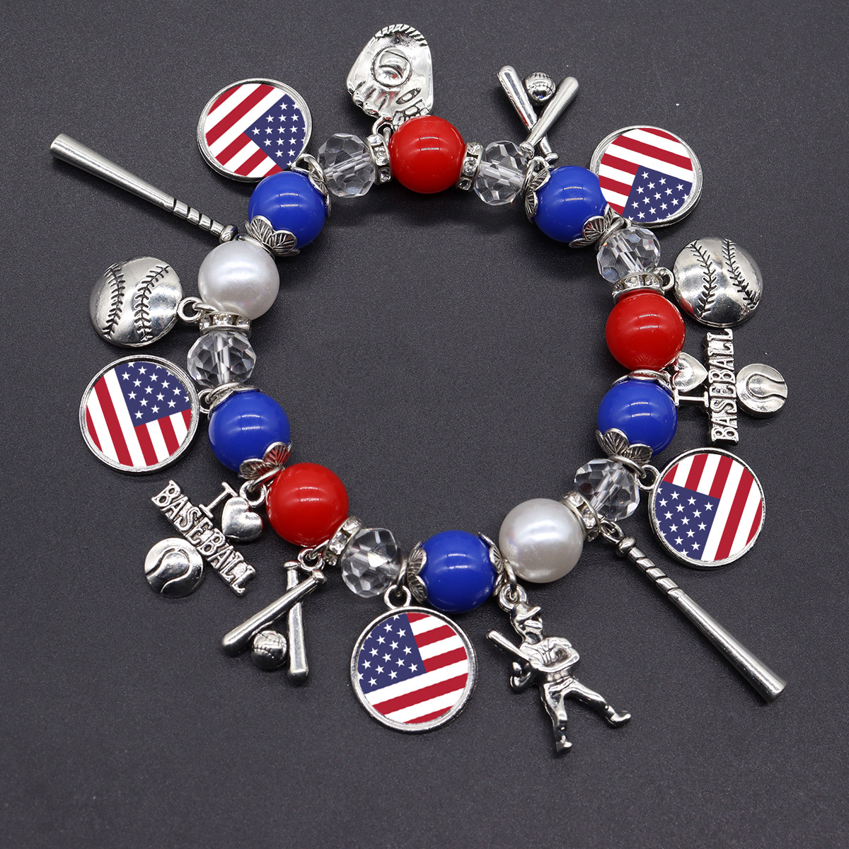 Hot-Selling Baseball and Basketball Sports Team Elastic Beaded Bracelet, Unisex, American Flag Independence Day Bracelet