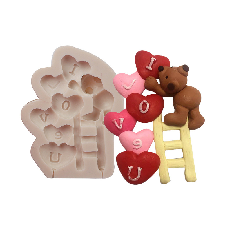 Día de San Valentín de vestir molde de silicona amor oso Tarjeta de inserción Fondant pastel de chocolate molde epoxi herramienta para hornear