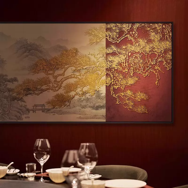 客餐厅高档背景墙挂画新中式大气山水画酒店东方美学立体装饰壁画