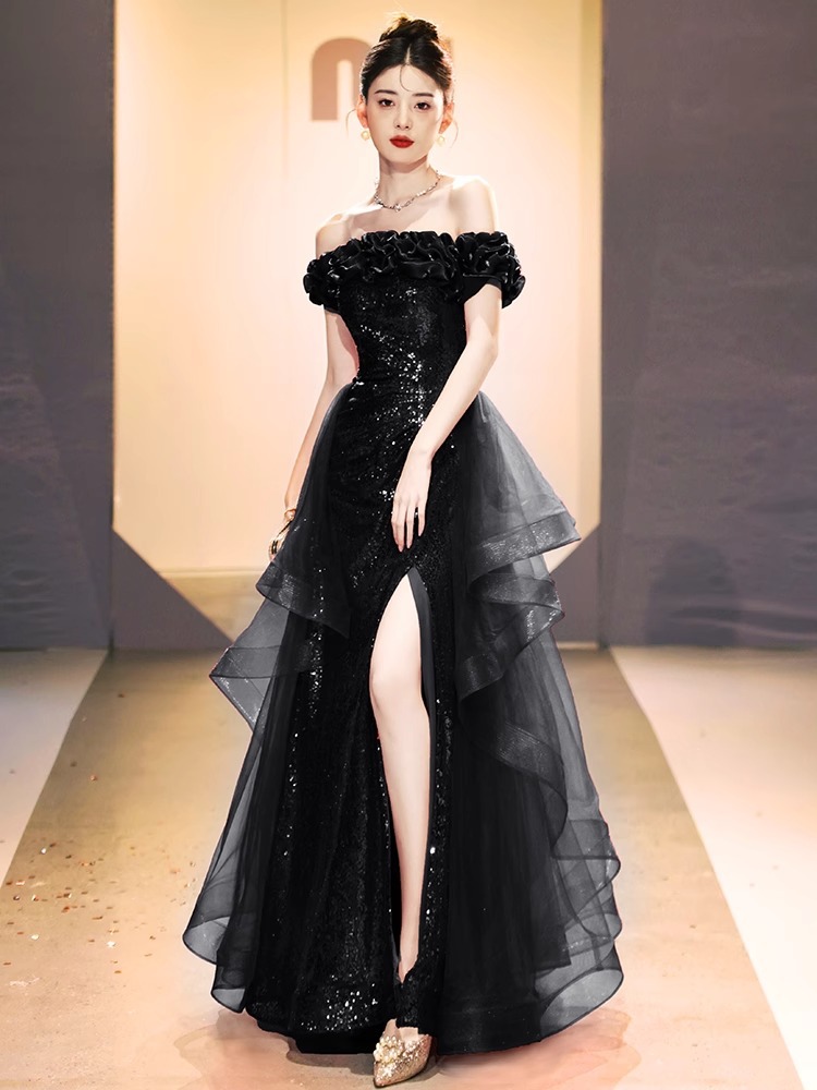 Đầm dạ hội lệch vai đen đính sequin ôm body dáng dài — Màu đen (lưới không thể tháo rời), Màu đỏ rượu vang (lưới không thể tháo rời) chi tiết 2