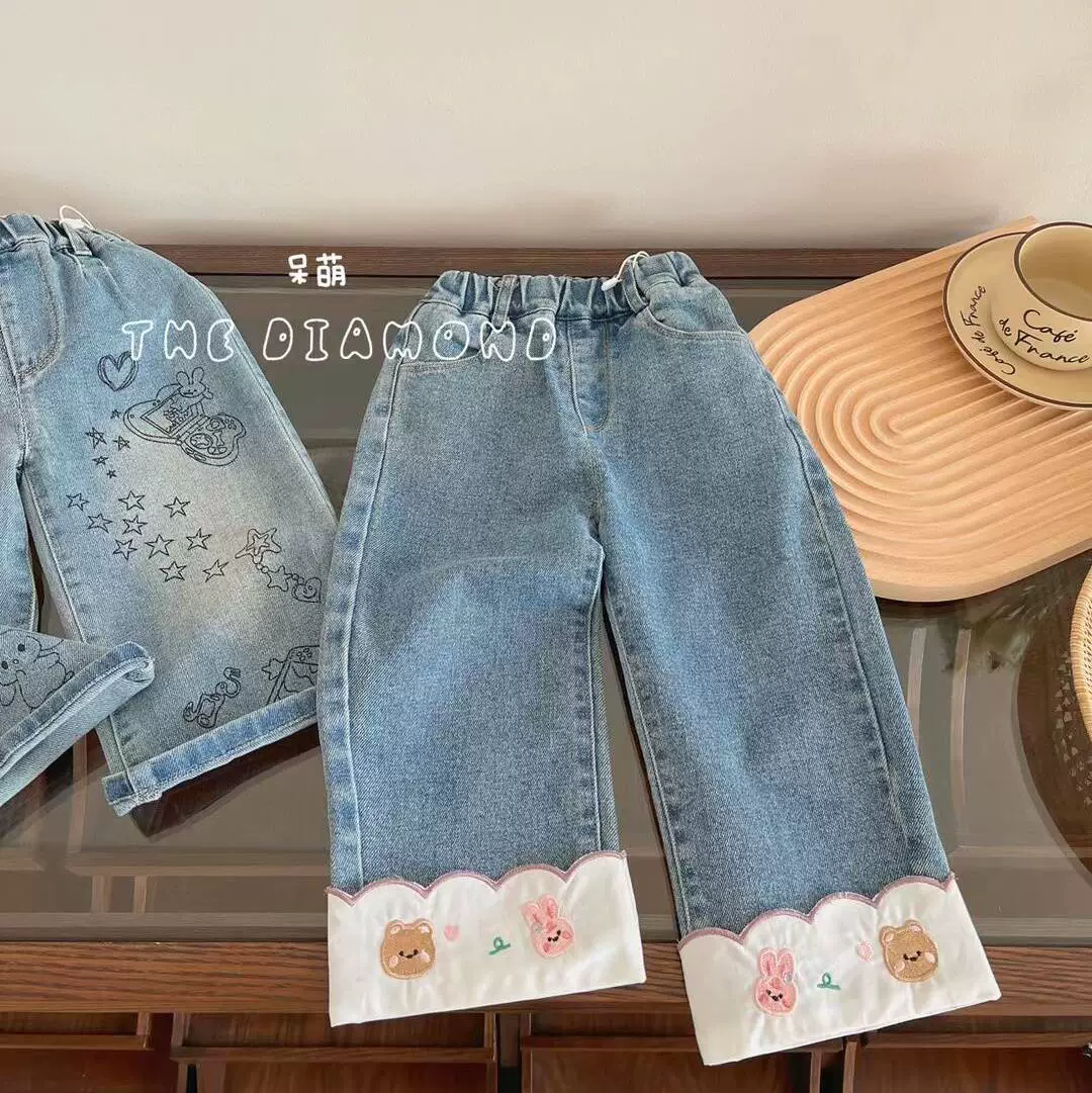 童星圆 Cute jeans girl's, мягкие удобные брюки, с вышивкой, корейский стиль, западный стиль, свободный прямой крой