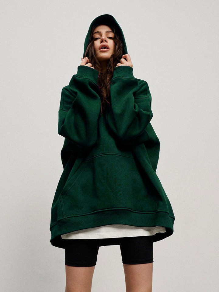 Áo hoodie nỉ lông dáng rộng có mũ và túi, tay dài, dáng unisex — Màu cà phê, Màu hồng, Màu xám, Màu đen