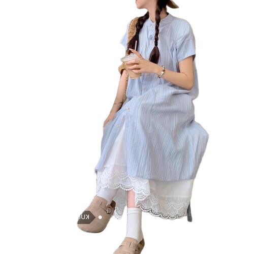 Relaxed Casual Shirt Dress for Women 2025 Summer White A-line Skirt Layering Two-Piece Set