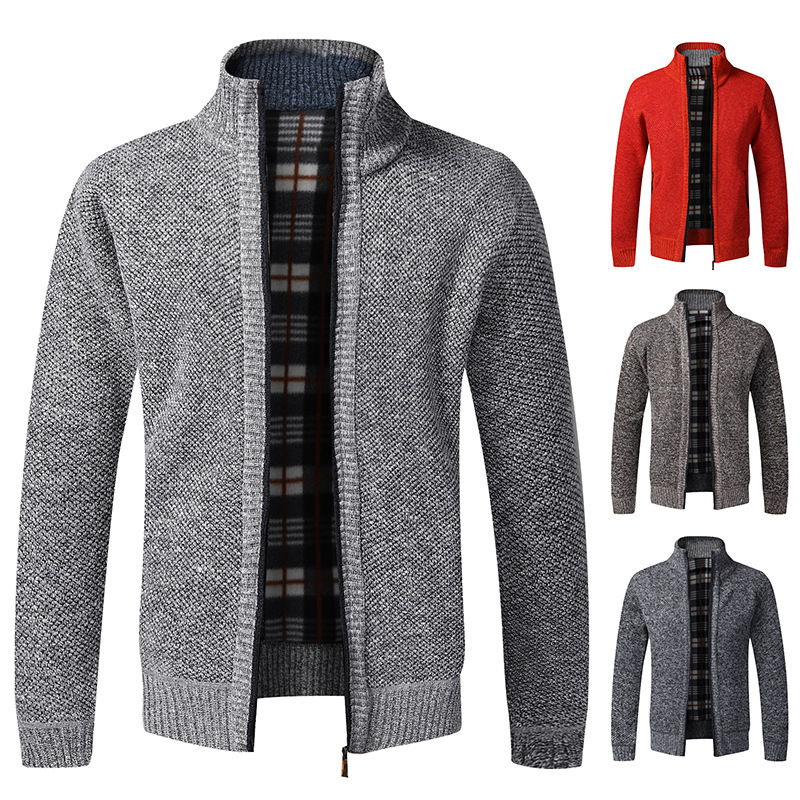 Herbst Und Winter Plus Fleece Verdickt Große Größe männer Pullover Stehkragen Strickjacke Hemd Schlank Mantel Männer_voghion.com