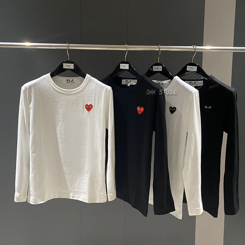 PLAYcdg Chuanjiu Spring and Autumn Unisex Couple Embroidered Heart Red Heart Black Heart Long-Sleeved T-Shirt, Casual and Versatile