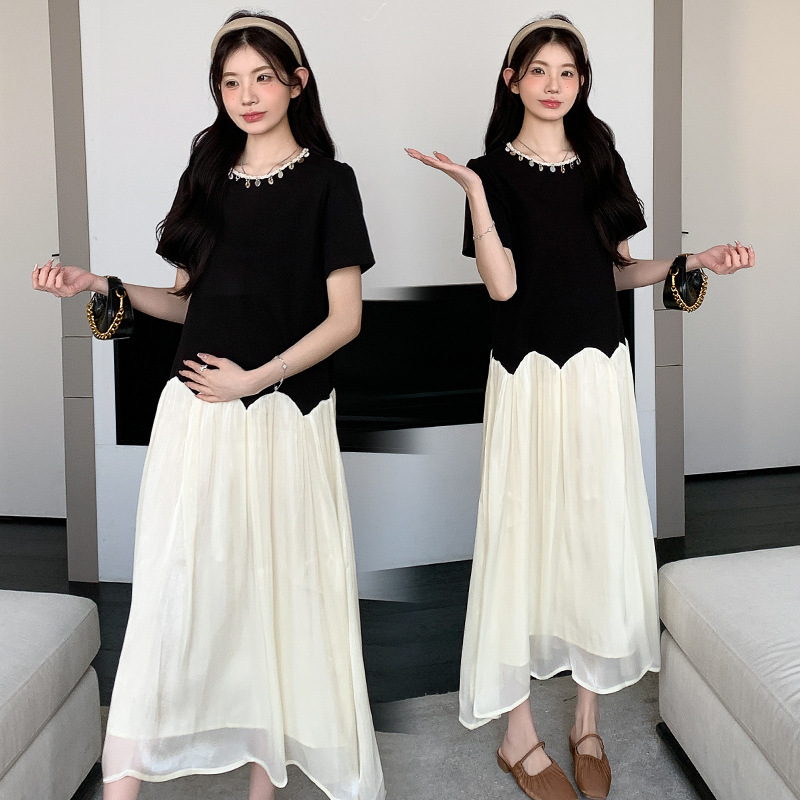 2025 Summer New Fashion Stitching Simple Mid-length Loose Pregnant Belly Covering Slimming Exquisite Maternity dress