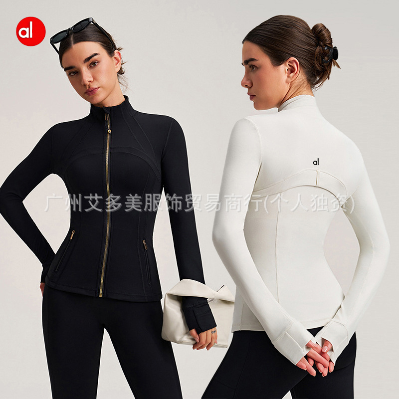 Alo New Stand Collar Gold Zipper Yoga Jacket Women's Cardigan Running Sports Jacket Waist Slimming Look Fitness Wear