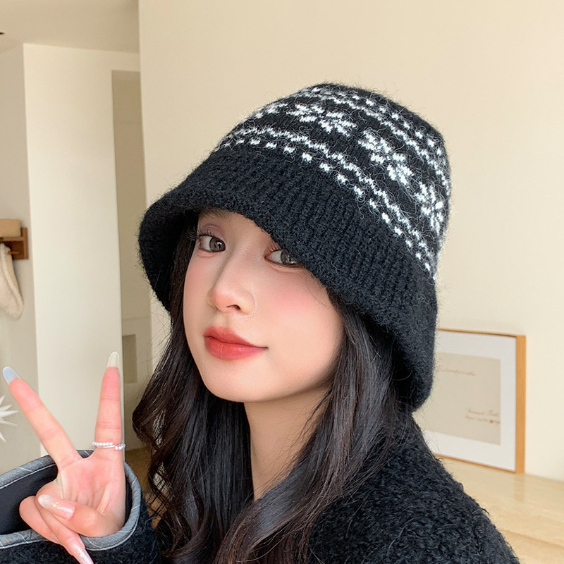 秋冬日系复古渔夫帽子女雪花针织盆帽加厚保暖百搭显脸小毛线帽潮|undefined