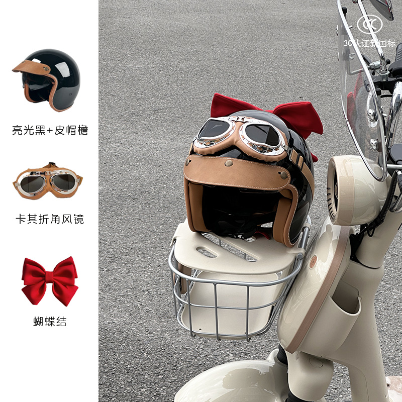 Helmet 3C Certified, Motuoche Motosiklet kaskı (dəbilqə) - gloss-black-khaki-angled-goggles-red-bow-m