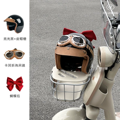 Electric Motorcycle Helmet Men's and, Motosiklet kaskı (dəbilqə) - bright-black-khaki-cornered-goggles-red-bow-m