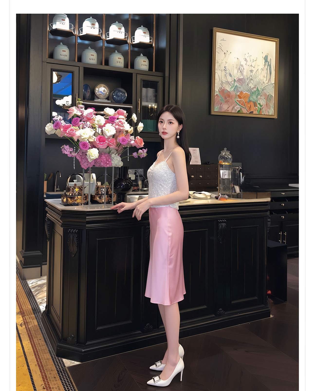 Chân váy xếp ly nữ phong cách Trung Hoa mới, dáng xòe thanh lịch — màu đen, màu xanh hồ, màu hồng, màu hồng đậm chi tiết 18