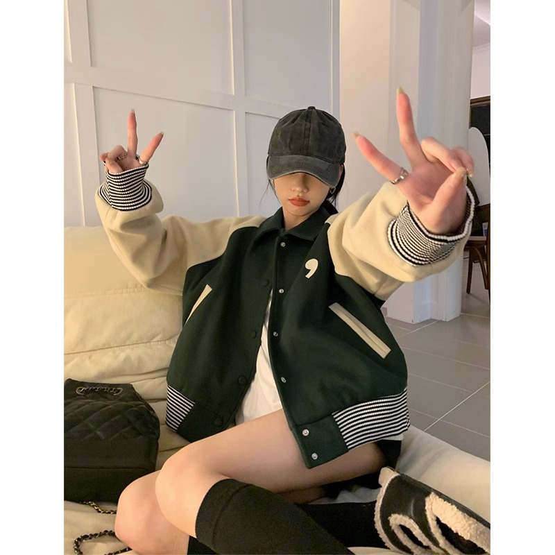 2024秋冬新款毛呢开衫撞色复古加绒加厚外套女棒球服秋冬款休闲女