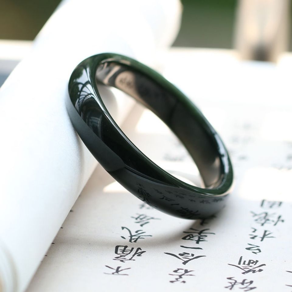 新疆和田玉青玉宽条手镯墨绿青绿双色女款玉石镯子黑青玉大量批发