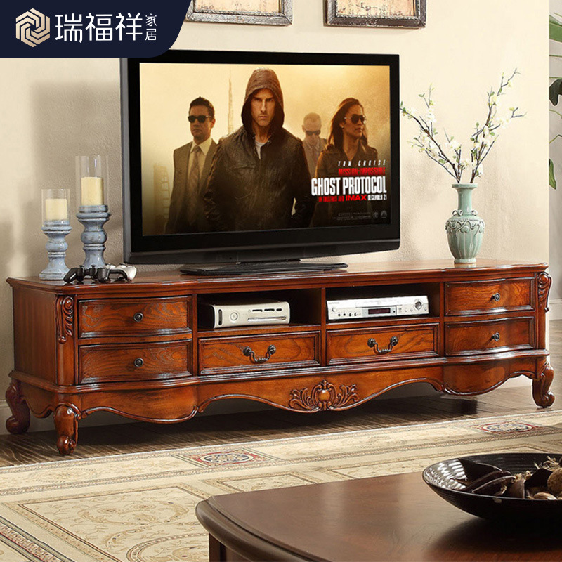 Ruifuxiang American-Style Solid Wood Tv Cabinet 2m Living Room Storage Floor Cabinet Large-Sized European-Style Tv Cabinet 2.2m