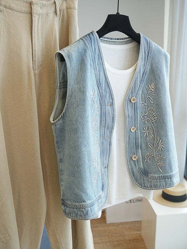 Áo vest gile denim nữ phong cách vintage thêu họa tiết — màu xanh nhạt