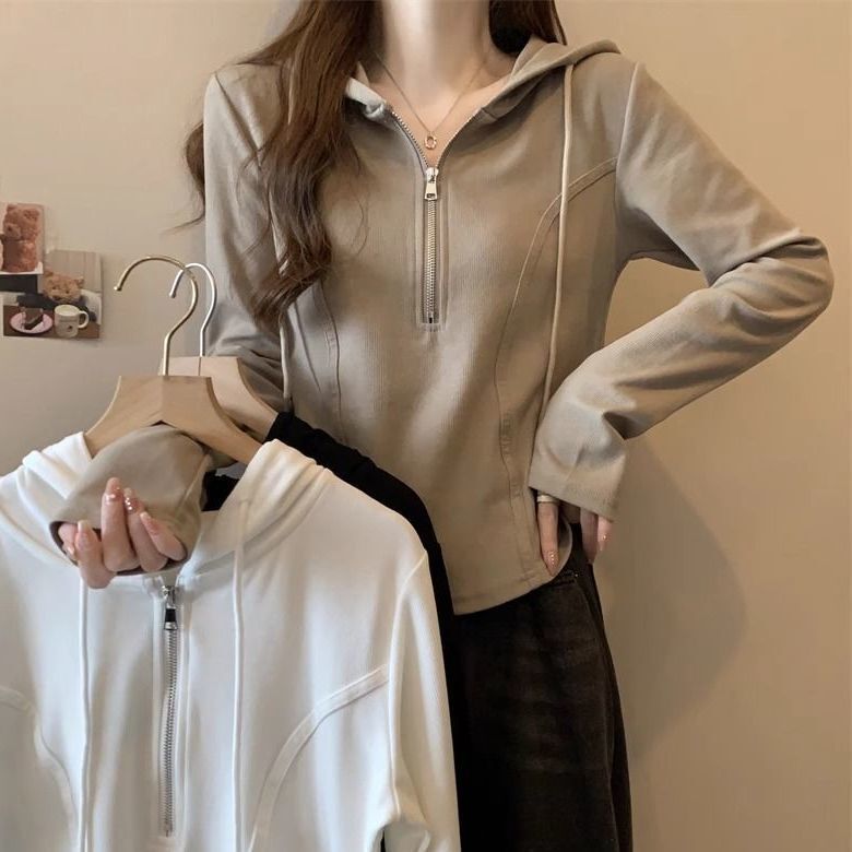 带帽卫衣女秋连帽季长袖恤内搭法式秋季上衣女新款修身女打底衫|undefined