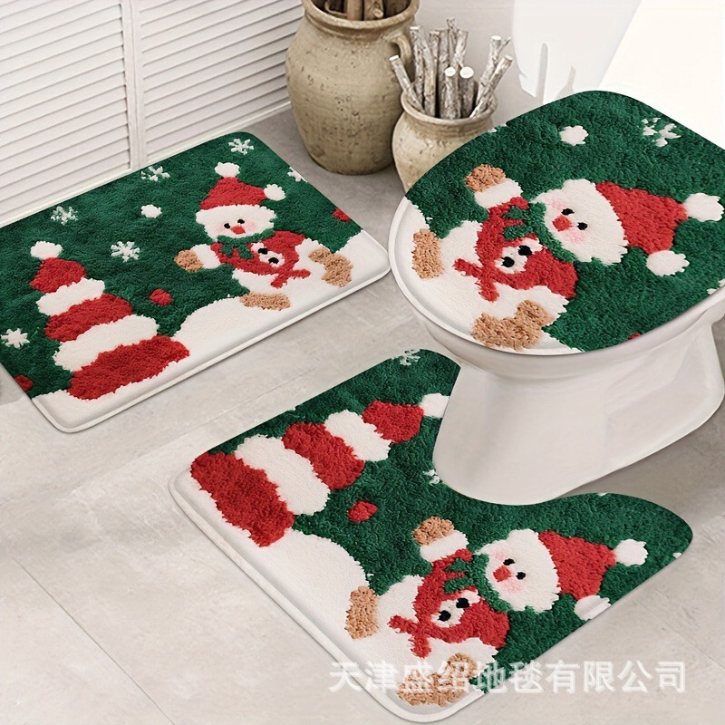 Christmas faux cashmere floor mat, bathroom toilet three-piece set, festive atmosphere decorative floor mat, soft and skin-friendly foot mat Christmas faux cashmere floor mat, bathroom toilet three-piece set, festive atmosphere decorative floor mat, soft and skin-friendly foot mat