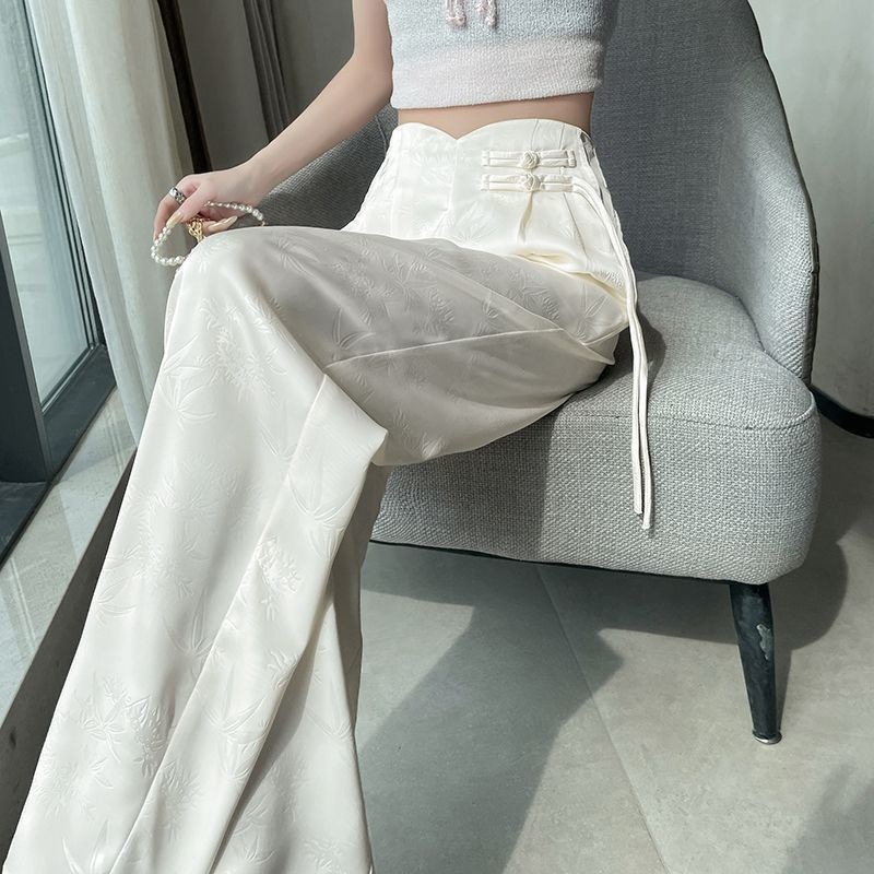 2026 New Style Chinese National Style Ice Silk Wide-Leg Pants for Women, Summer Acetate Satin Jacquard Casual High-Waisted Drape Straight Pants