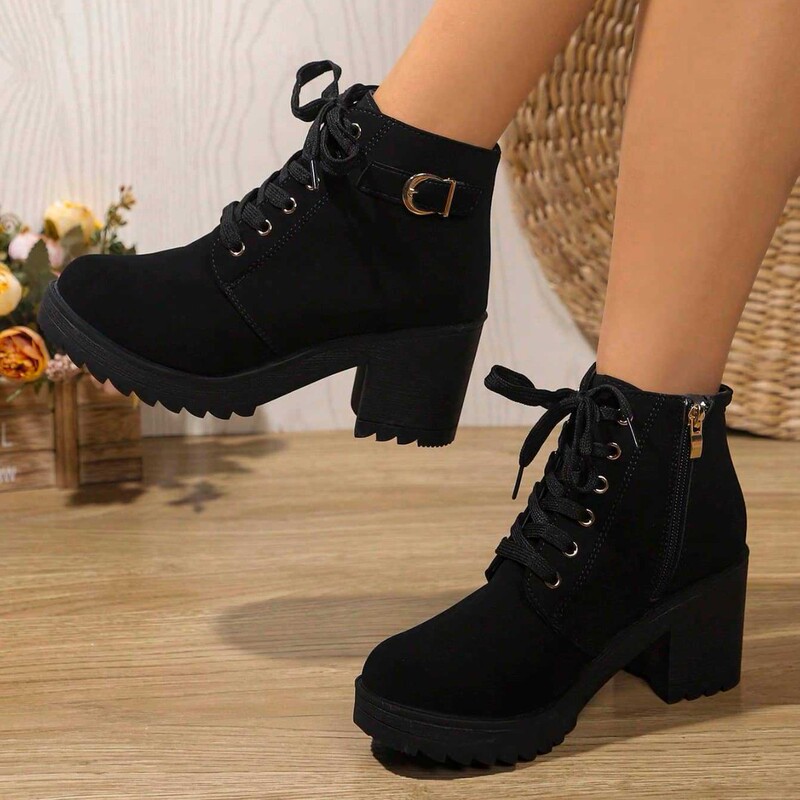 European and American style thick-soled chunky-heeled short boots for women, suede leather Martin boots with side zipper and belt buckle, large size women's boots for export European and American style thick-soled chunky-heeled short boots for women, suede leather Martin boots with side zipper and belt buckle, large size women's boots for export