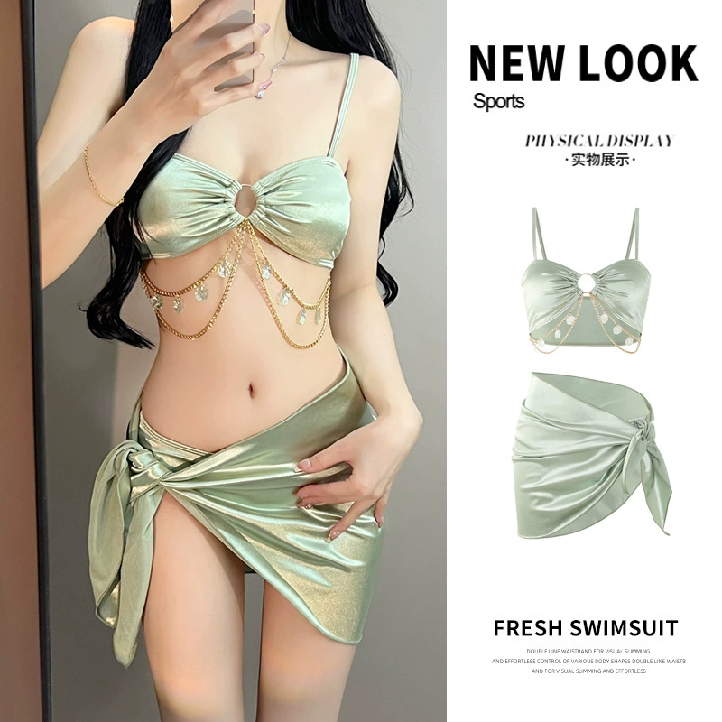 Новинка 2023 года, женский купальник, разделенный бикини из трех частей, сексуальная горячая девушка с бриллиантовой цепочкой, элитный купальник для отдыха на море, горячий источник