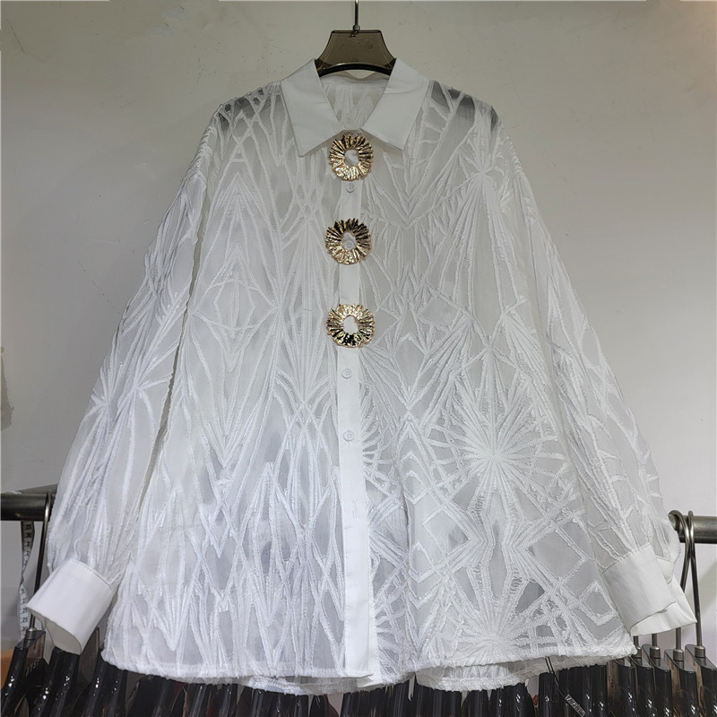 Blusa Cárdigan con Jacquard de Poliéster Suelta de Manga Larga para Verano