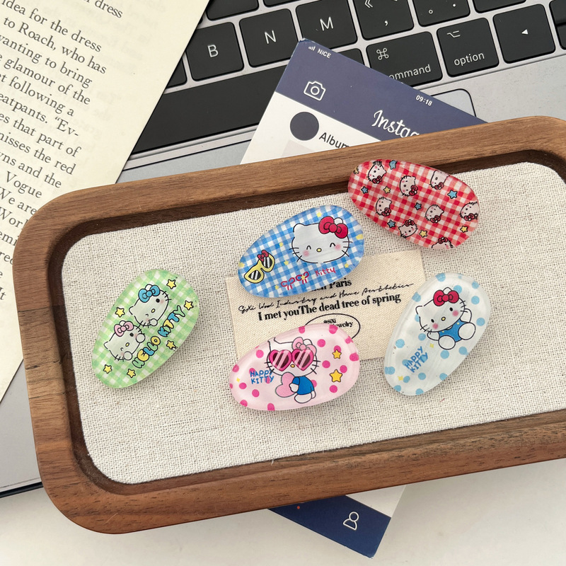 Cute Ice-Transparent Blue Plaid Cat Oval Hairpin Japanese Style High-Looking Girl Side Duckbill Hairpin Cute Ice-Transparent Blue Plaid Cat Oval Hairpin Japanese Style High-Looking Girl Side Duckbill Hairpin