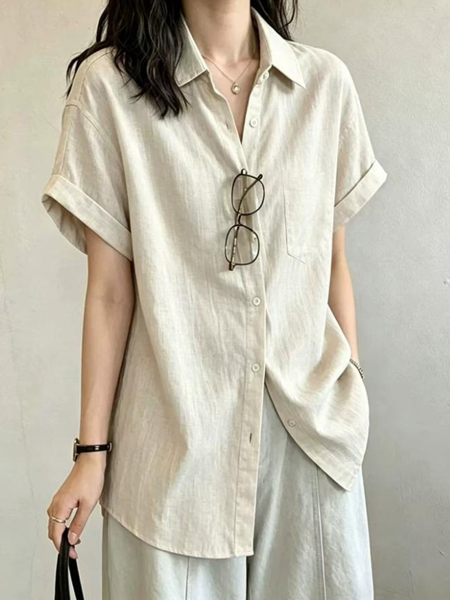Áo sơ mi nữ linen tay ngắn phong cách cổ điển, thiết kế rộng rãi thoải mái — màu trắng, màu mơ
